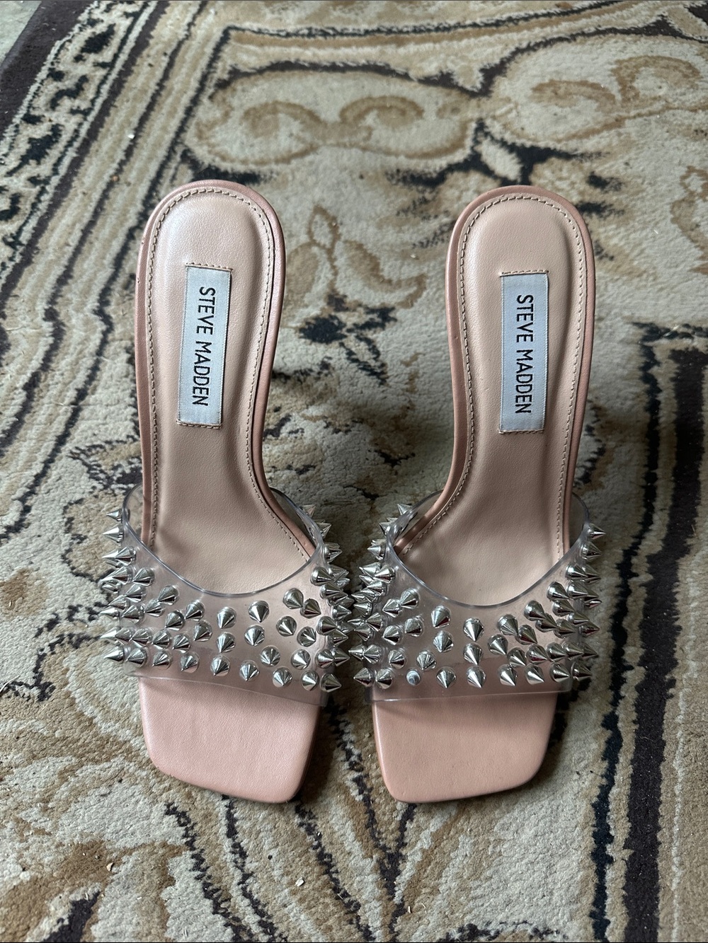 Steve Madden Blush Pink Spiked Clear Strap Slide Mules